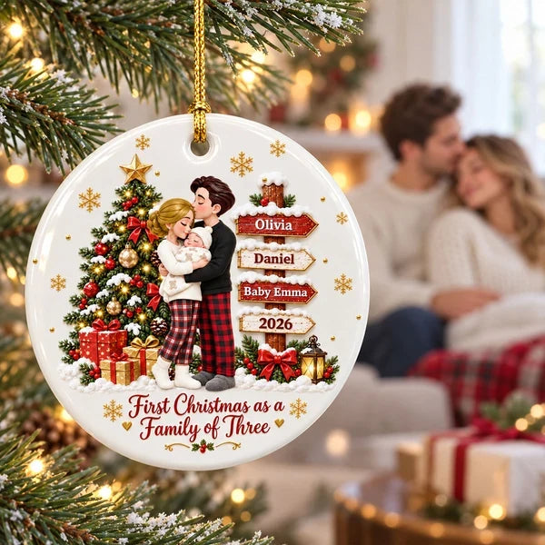Personalized First Christmas Ceramic Ornament, Parents Cuddling Baby by a Christmas Tree, Creative Gift for New Parents