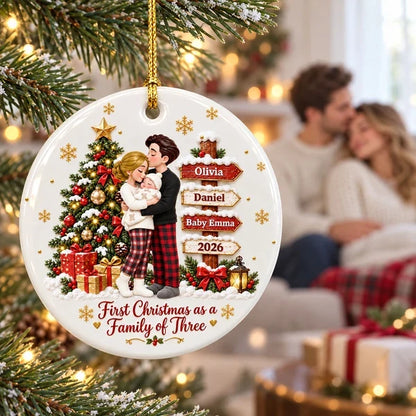 Personalized First Christmas Ceramic Ornament, Parents Cuddling Baby by a Christmas Tree, Creative Gift for New Parents
