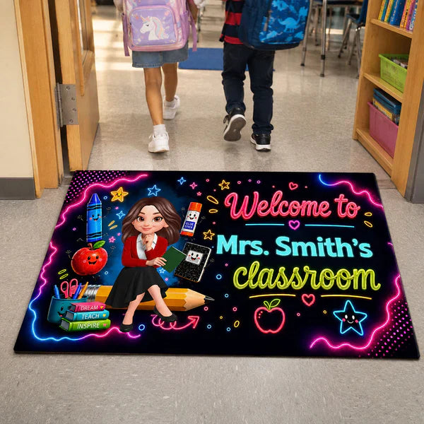 Neon Classroom Standard Doormat, Personalized Teacher Welcome, Unique Creative Gift for Back to School