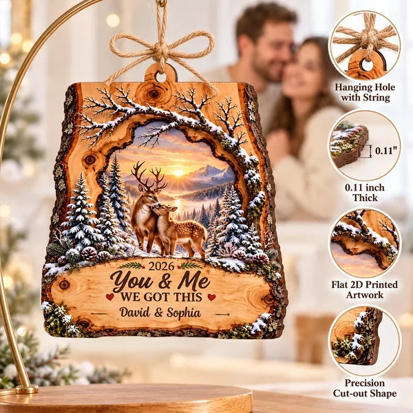 Rustic Personalized Wooden Ornament with You & Me Quote and Deer Standing Together, Creative Gift for Your Partner