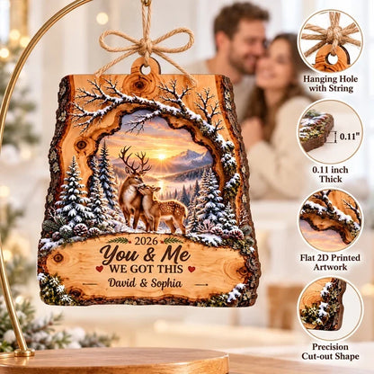Rustic Personalized Wooden Ornament with You & Me Quote and Deer Standing Together, Creative Gift for Your Partner