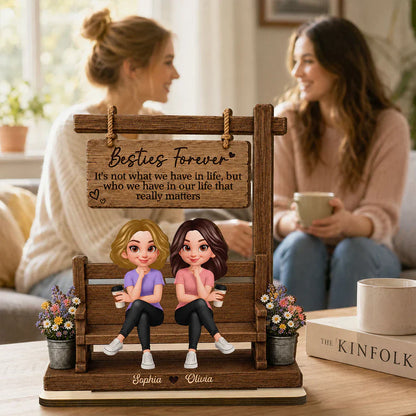 Personalized Besties Forever 2-Layer Wooden Plaque, Seated Friends With Coffee, Unique Gift for Best Friend