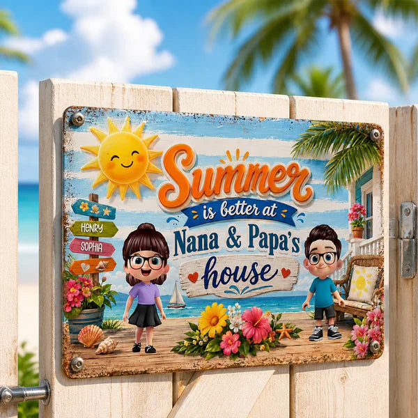 Personalized Rectangular Iron Sign, Summer at Grandparents' House Beach Porch Decor, Unique Gift for Nana & Papa