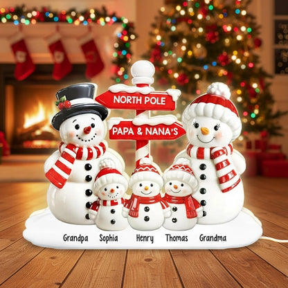 Personalized Acrylic Light Box with Snowman Family, North Pole Sign & Soft Warm Glow – Cute Christmas Decor & Unique Gift for Grandparents