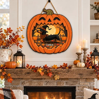 Personalized Wooden Sign, Dachshund in a Moonlit Pumpkin Patch, Creative Halloween Keepsake Gift for Pet Owners