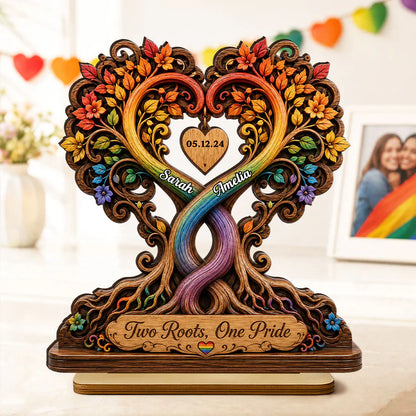 Personalized 2-Layer Wooden Plaque, Intertwined Rainbow Heart Trees, Unique Creative Gift for LGBTQ Couple