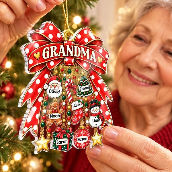 Personalized Acrylic Ornament with Red Bow and Festive Charms, Unique Christmas Gift for Grandma