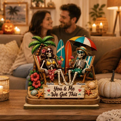 Personalized 2-Layer Wooden Plaque, Skeleton Couple Beach Scene, Unique Gift for Couples