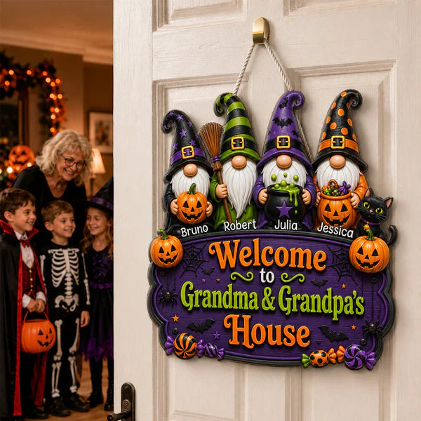 Personalized Wooden Sign With Halloween Gnomes & Pumpkins, Custom Door Decor, Unique Gift for Grandparents