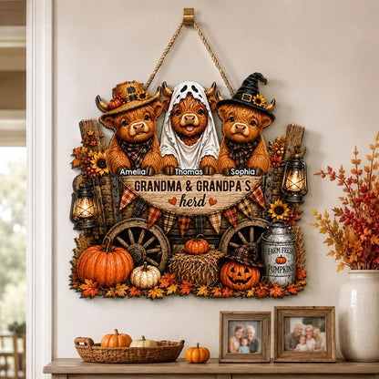 Personalized Wooden Sign with Costumed Highland Cows and Pumpkin Wagon, Unique Fall Gift for Grandparents