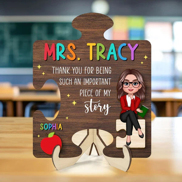 Personalized Teacher 2-Layer Wooden Plaque, Puzzle Piece Unique Gift With Cartoon Teacher, Apple And Book
