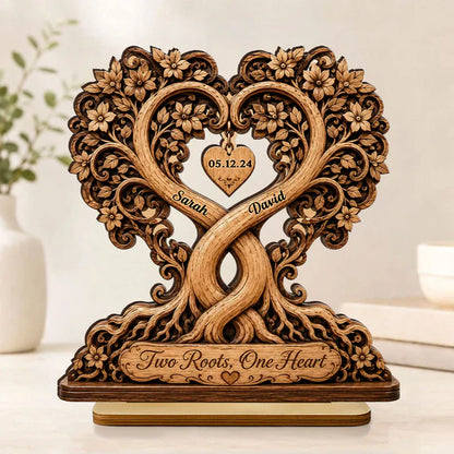 Personalized 2-Layer Wooden Plaque, Two Roots One Heart Couple Keepsake, Unique Gift for Partners