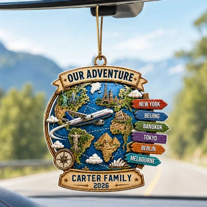 Our Adventure Acrylic Ornament, Personalized Travel Keepsake with Landmarks, Unique Gift for Couple and Family