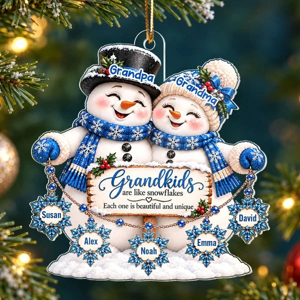 Personalized Acrylic Ornament, Grandma and Grandpa Snowmen with Grandkid Snowflakes, Unique Christmas Gift