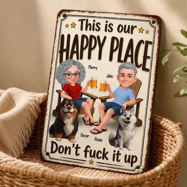 Personalized Rectangular Iron Sign, Vintage Happy Place Couple & Dogs, Unique Creative Gift for Home