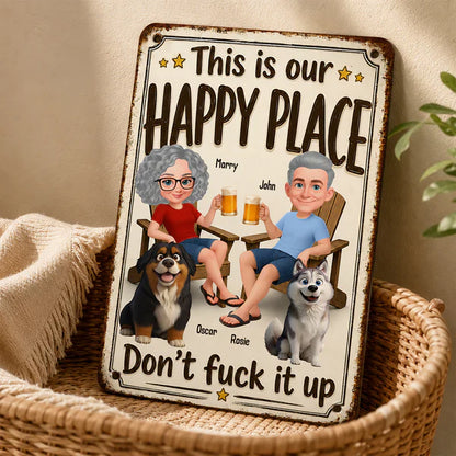 Personalized Rectangular Iron Sign, Vintage Happy Place Couple & Dogs, Unique Creative Gift for Home