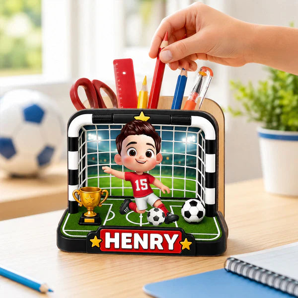 Personalized Wooden Pen Holder With Cute Soccer Kid, Unique Creative Gift For School Desk