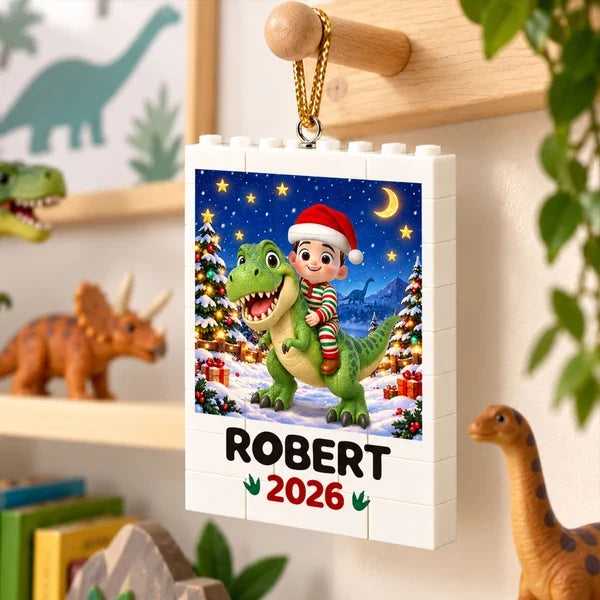 Personalized Building Block Ornament, Child Riding a Dinosaur in a Snowy Christmas Scene, Unique Gift for Grandkids