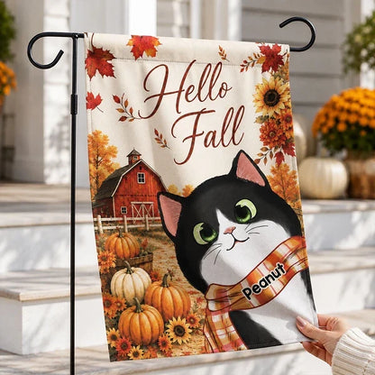 Personalized Garden Flag, Cute Black Cat in a Rustic Fall Farm Scene, Creative Gift for Cat Lovers