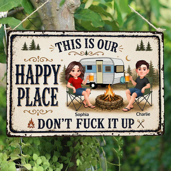 Personalized Rectangular Iron Sign, Sitting Camping Couple By Campfire, Creative Gift For Campers