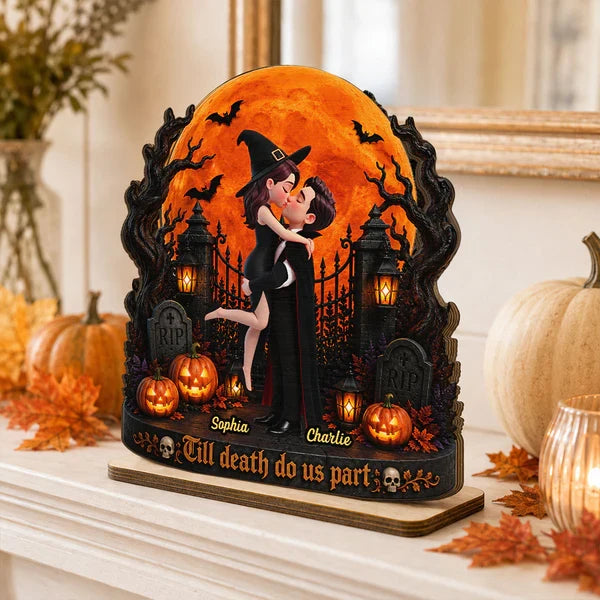 Eternal Love Couple Under Halloween Moon Light - Personalized 2-Layered Wooden Plaque - Halloween Gift For Couple