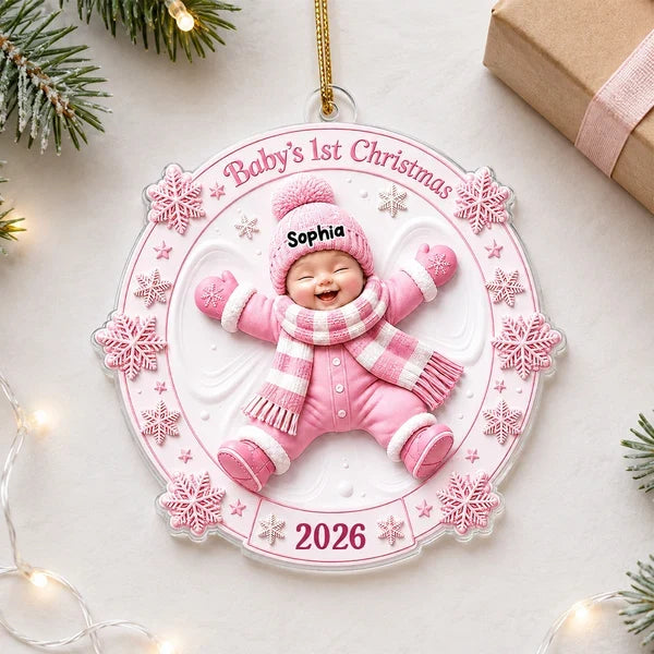 Personalized Acrylic Ornament, Smiling Baby Snow Angel in Pink, Unique Christmas Gift for New Parents