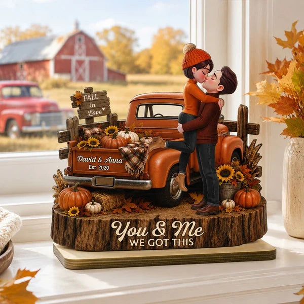 Personalized 2-Layer Wooden Plaque, Kissing Couple by a Warm Orange Fall Pickup, Unique Gift for Couples
