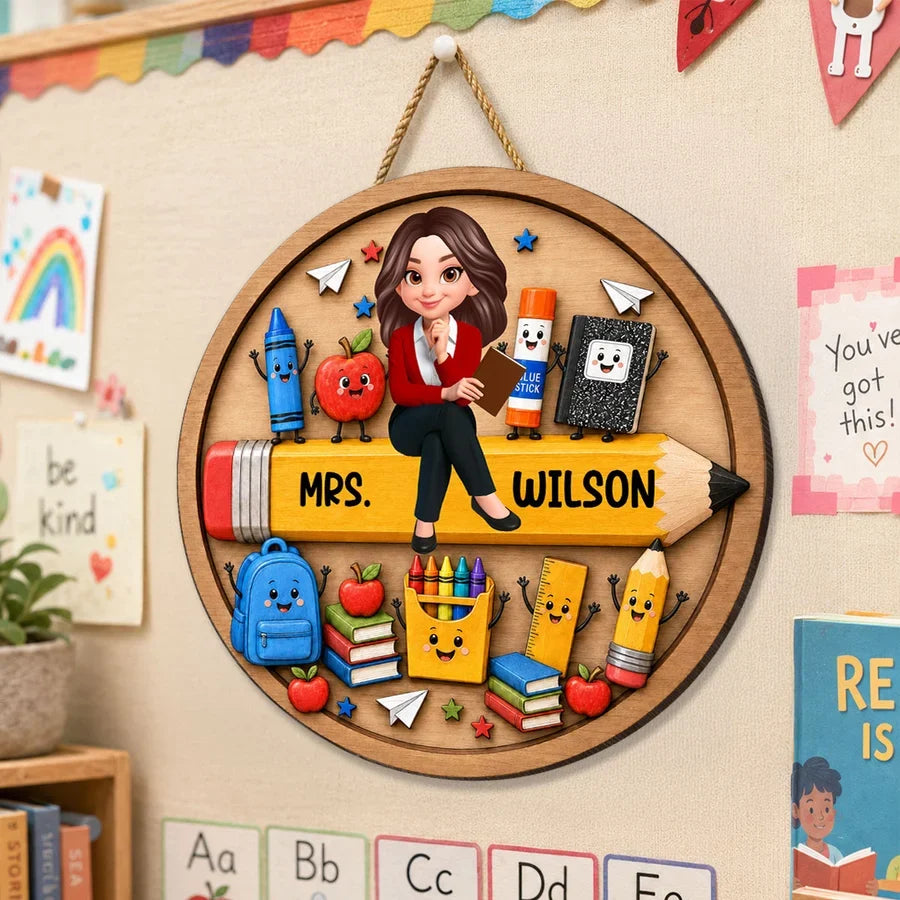 Personalized Wooden Sign with Seated Teacher and Cute School Supplies, Colorful Classroom Decor, Unique Teacher Gift