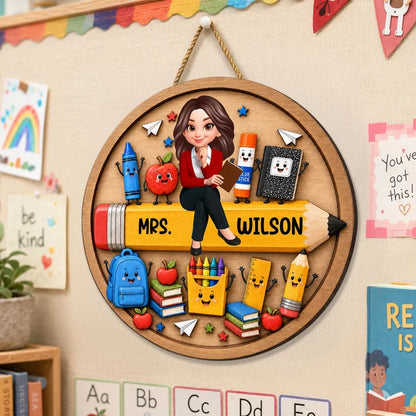 Personalized Wooden Sign with Seated Teacher and Cute School Supplies, Colorful Classroom Decor, Unique Teacher Gift