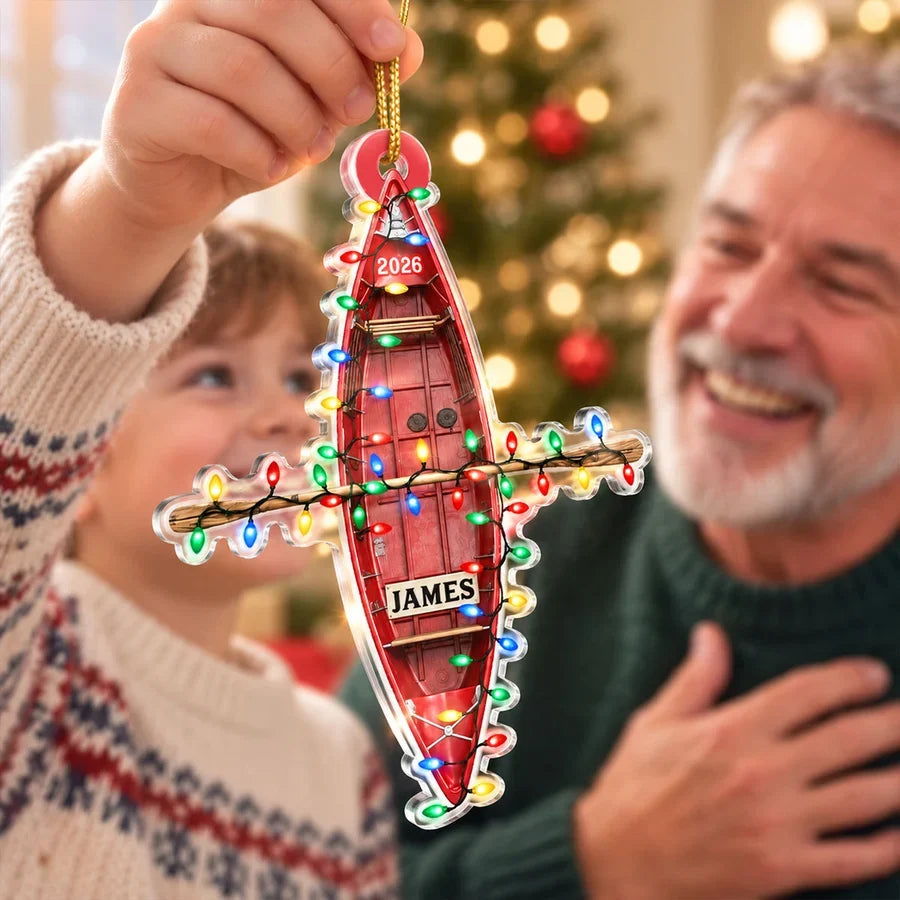 Personalized Red Kayak Acrylic Ornament with Christmas Lights, Unique Gift for Boating Fans