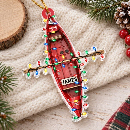Personalized Red Kayak Acrylic Ornament with Christmas Lights, Unique Gift for Boating Fans