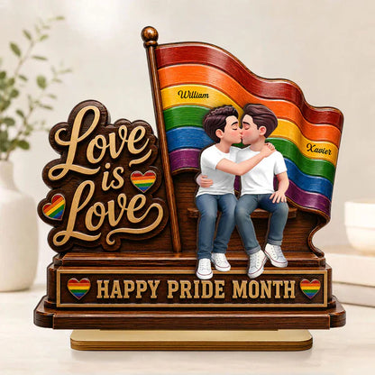 Personalized 2-Layer Wooden Plaque, LGBTQ Couple Kissing by Rainbow Flag, Unique Pride Month Gift