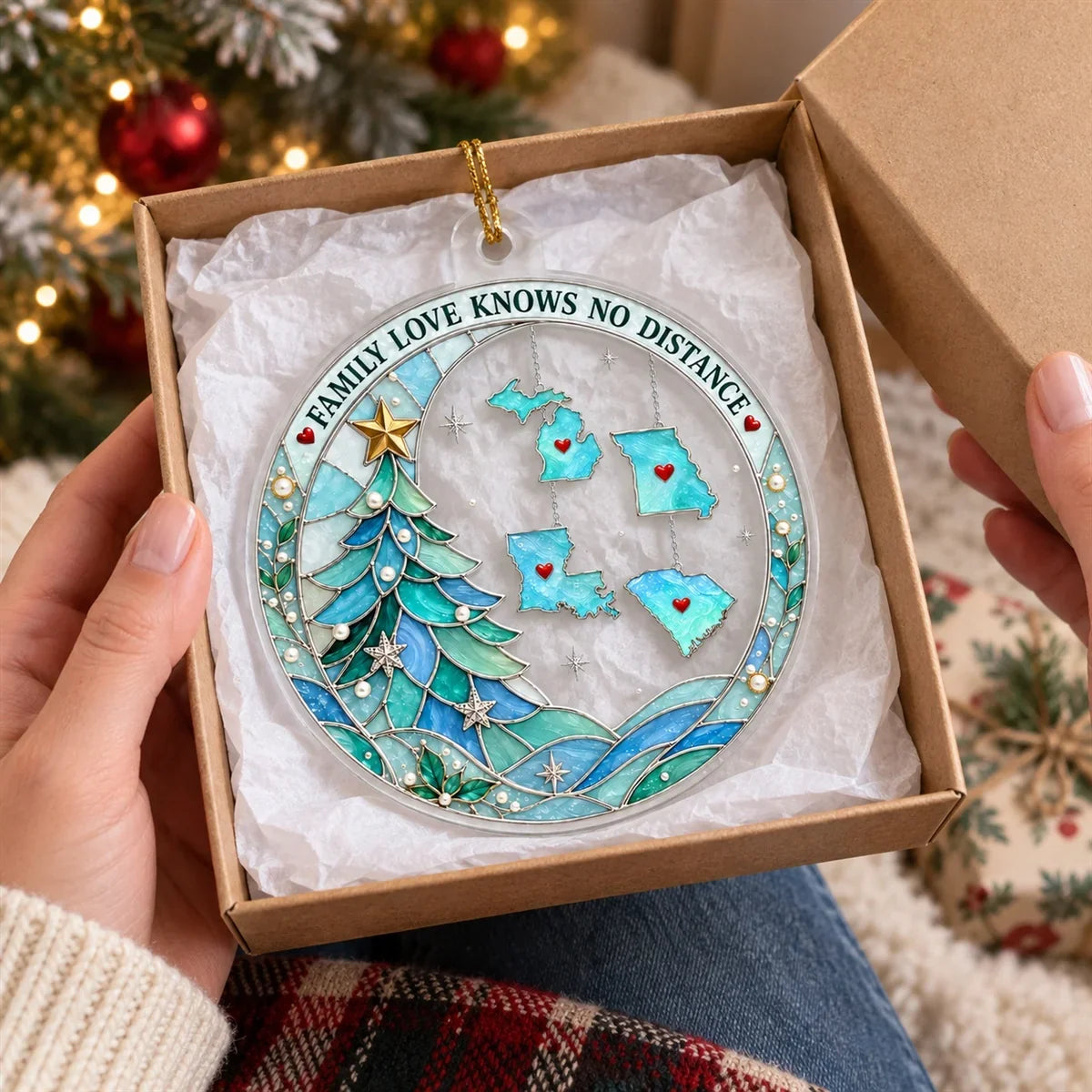 Personalized Acrylic Ornament, Stained Glass Family Map Christmas Tree Decor, Unique Gift for Family
