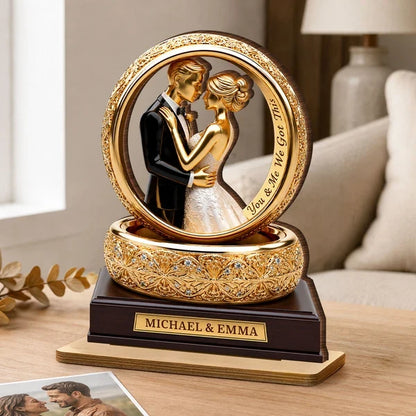 Personalized 2-Layer Wooden Plaque With Golden Embracing Couple, Unique Anniversary Gift For Couples