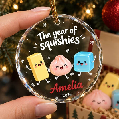 Personalized Crystal Ornament, Cute Squishy Characters Holding Hands, Unique Christmas Gift for Kids