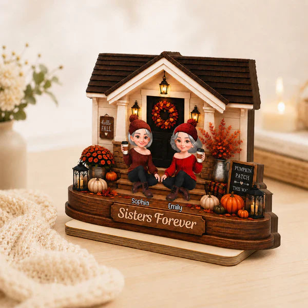 Personalized 2-Layer Wooden Plaque with Fall Porch Sisters, Unique Gift for Sister, Cozy Home Decor