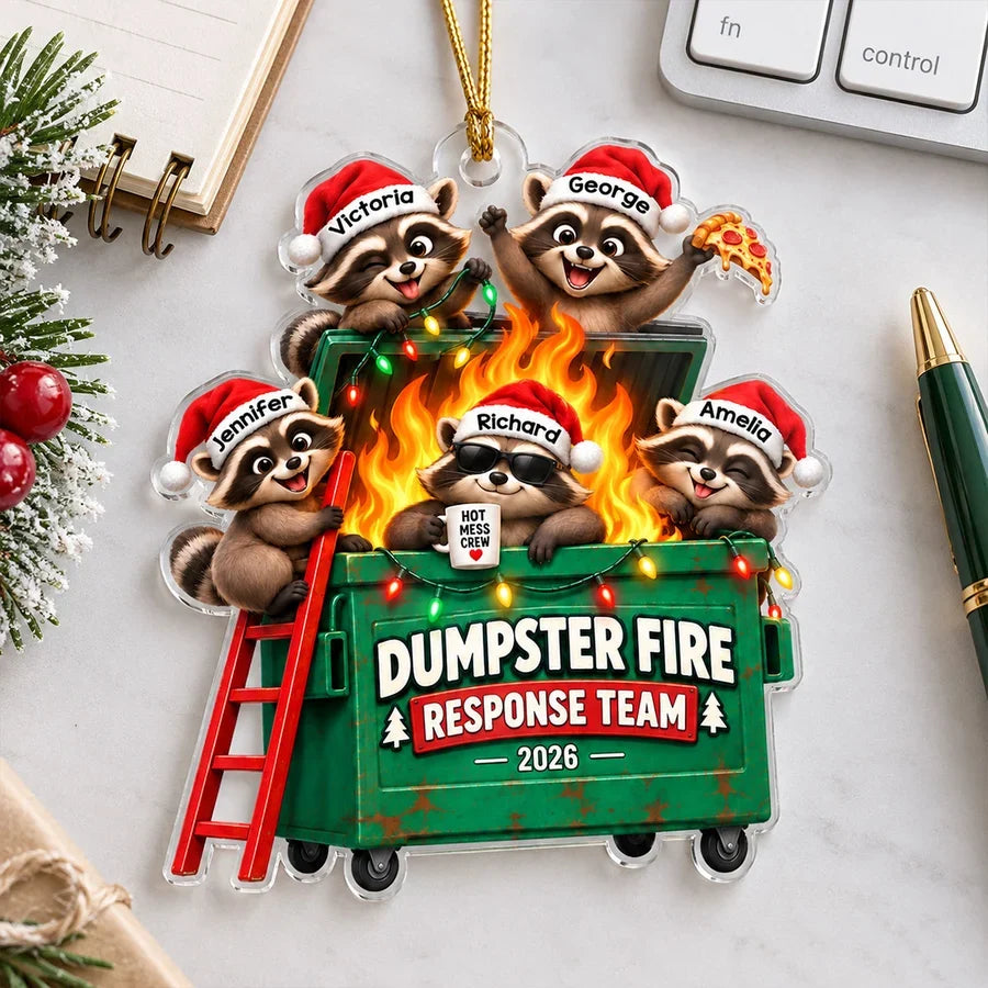 Personalized Acrylic Ornament, Raccoons Tackling a Dumpster Fire, Unique Funny Christmas Gift for Coworkers