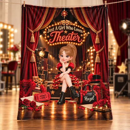 Personalized Fleece Blanket with Theater Girl and Marquee Stage, Unique Gift for Daughter or Granddaughter
