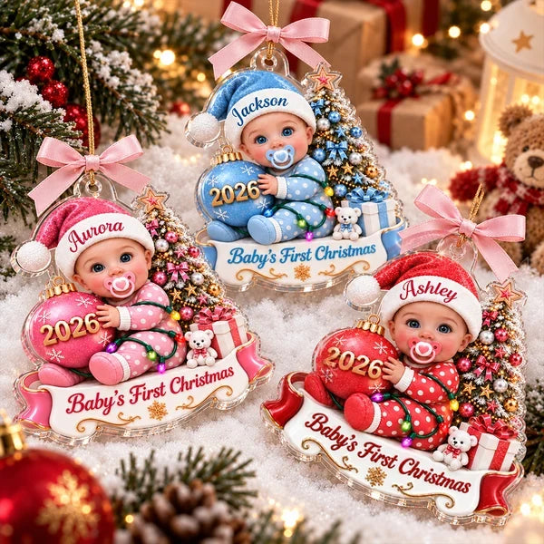 Personalized Acrylic Ornament, Seated Baby by a Christmas Tree, Unique First Christmas Gift for New Parents