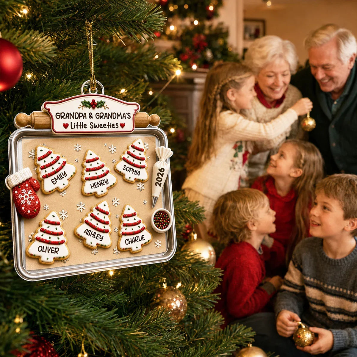 Personalized Acrylic Ornament, Red & Green Christmas Tree Cookies, Heartwarming Creative Gift for Grandparents
