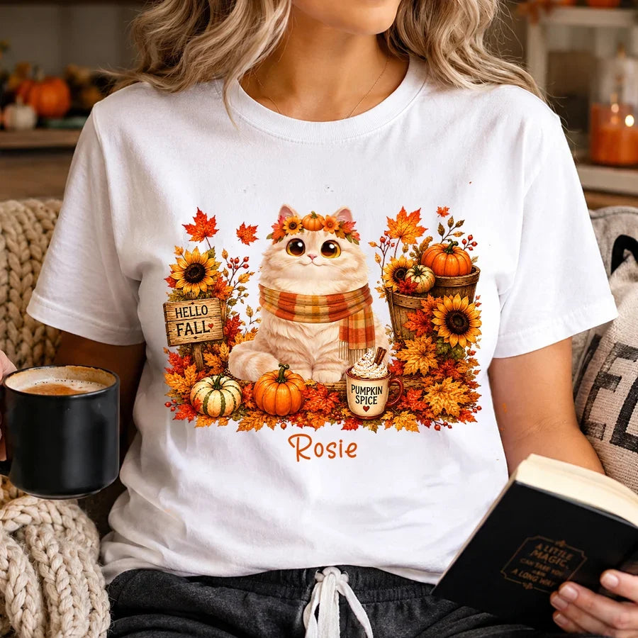 Hello Fall Personalized Cat Sweatshirt, Warm Autumn Cat Scene, Creative Gift for Cat Moms and Friends
