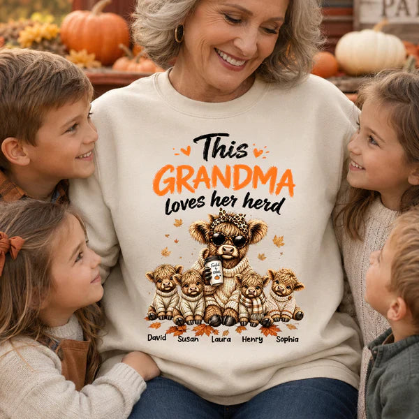 Personalized Classic Tee, Grandma Herd Highland Cow Fall Design, Unique Gift for Grandma