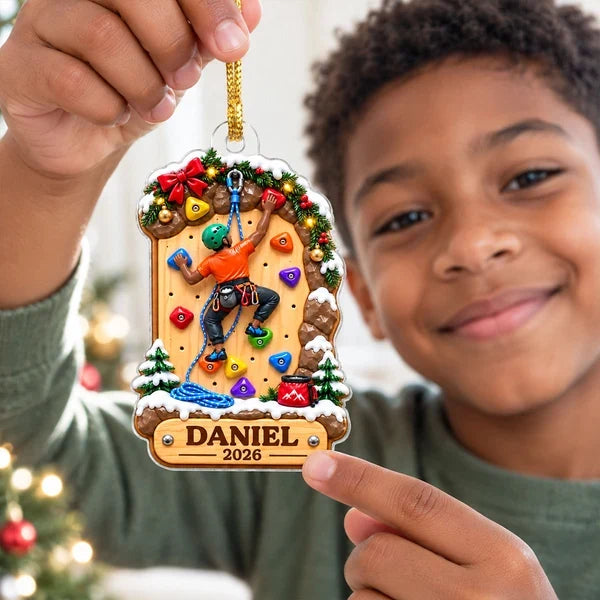 Personalized Acrylic Ornament, Rock Climber Scaling a Snowy Wall, Unique Christmas Gift for Kids