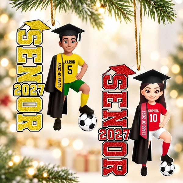 Personalized Soccer Acrylic Ornament, Graduate Posing with Ball by a Lit Tree, Unique Gift for Son or Daughter