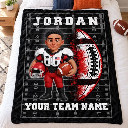 Personalized Fleece Blanket, Cartoon Football Player Holding a Ball, Unique Gift for Son or Grandson