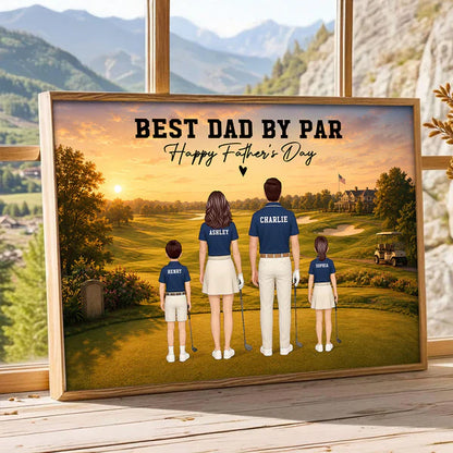 Personalized Golf Dad Poster, Standing Family on Golf Course, Unique Creative Gift for Father's Day