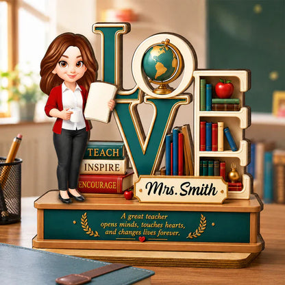 Personalized 2-Layer Wooden Plaque with Standing Teacher, Books & Globe, Unique Teacher Gift