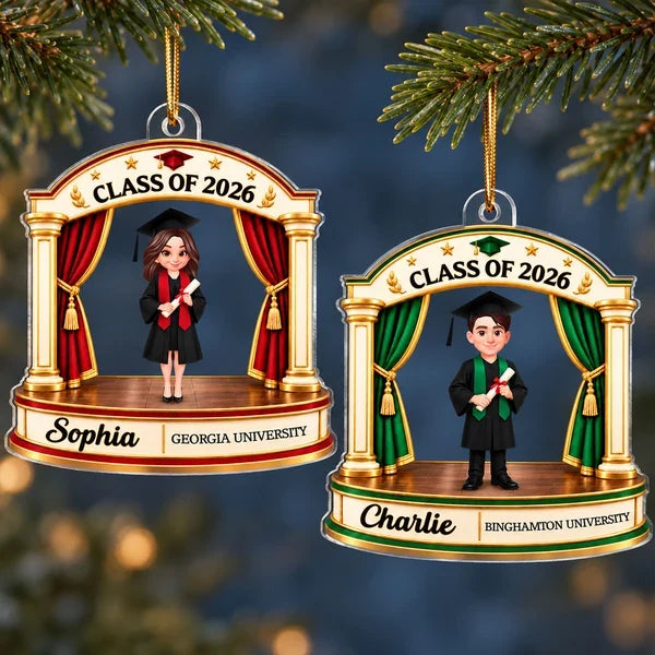 Personalized Acrylic Ornament, Female Graduate on Stage, Red and Gold Unique Creative Christmas Gift for Graduate