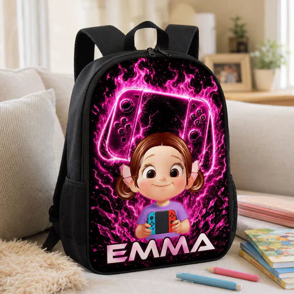 Personalized Kids School Backpack, Neon Gamer Design for Son or Daughter, Unique Back to School Gift