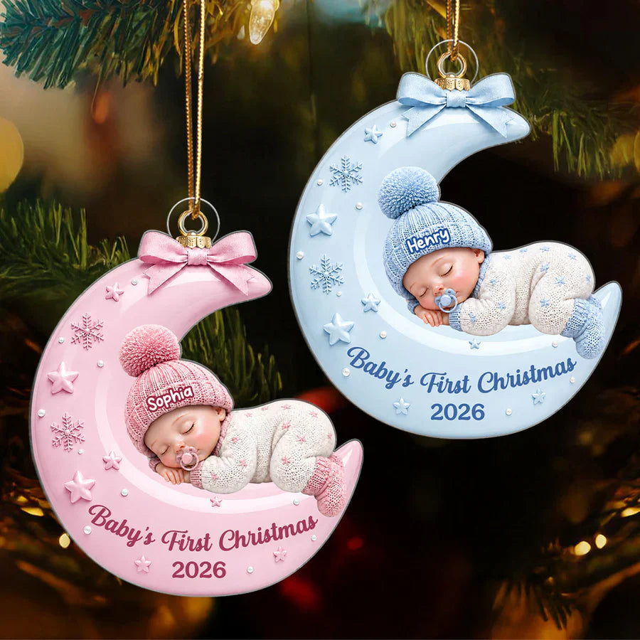 Personalized Acrylic Ornament With Sleeping Baby On Moon, Unique Creative Gift For New Parents